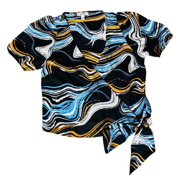 Nine West Wrap Silky Cropped Shirt Blouse SMALL Romantic Colorful Chic NWT - Picture 3 of 8
